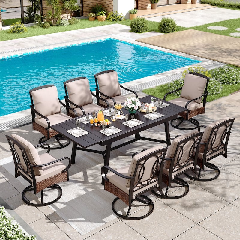 MAISON ARTS 9/7-Piece Patio Dining Set with Rattan Swivel Chairs and a Expandable Dining Table - 9-Piece