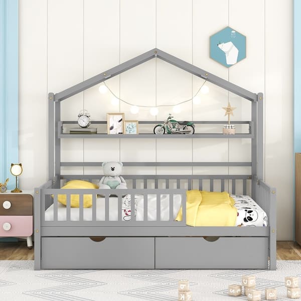 slide 2 of 11, Wooden Full House Bed w/Storage Shelf & 2 Drawers, Daybed Frame, Gray