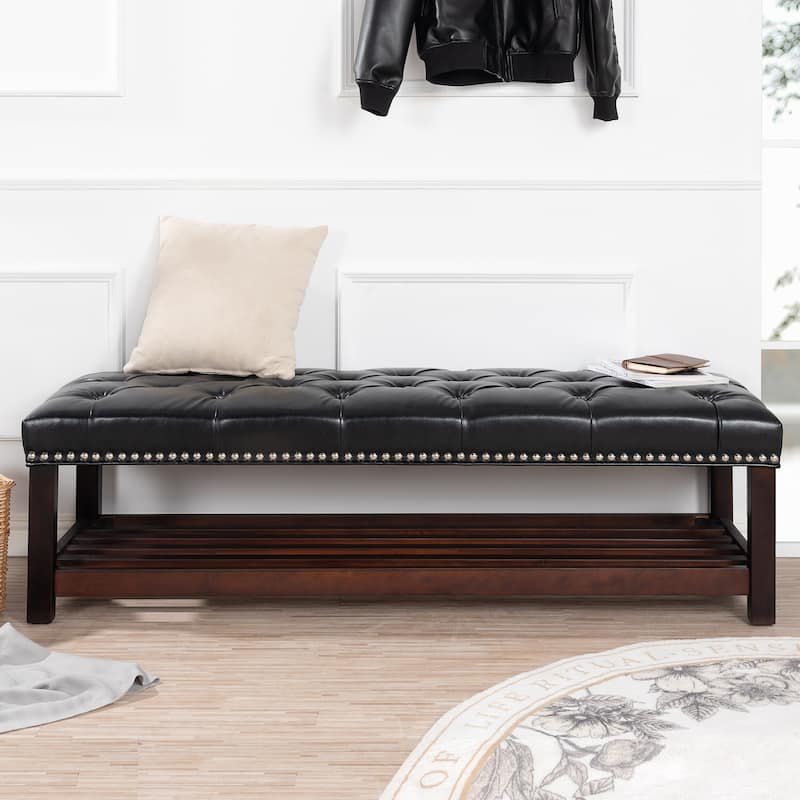 Wooden Base Upholstered Bench for Bedroom for Entryway,60" with Nailhead Trim and Shelf