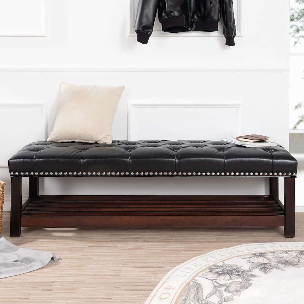 Wooden Base Upholstered Bench for Bedroom for Entryway,60" with Nailhead Trim and Shelf