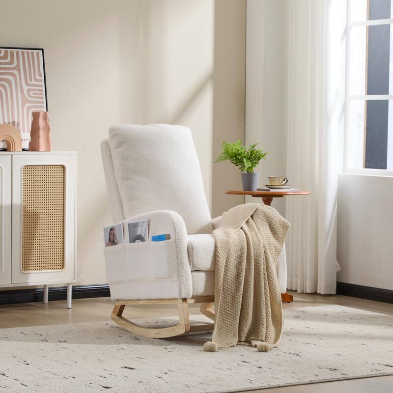 Modern Accent Rocking Chair Rocking Chair with Solid Wood Legs, Upholstered Nursery Glider Rocker Side Pocket and Footrest