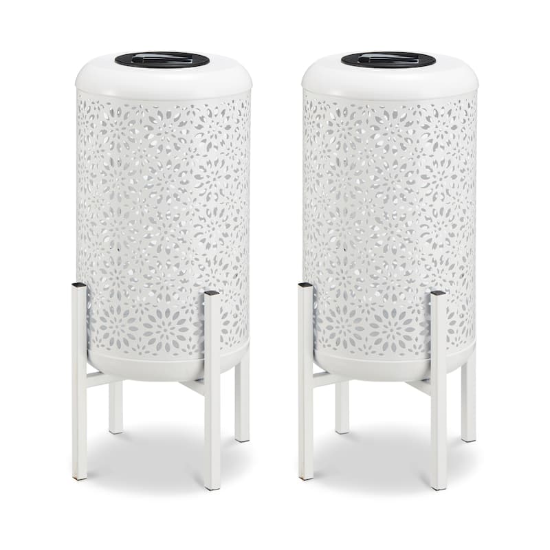 Glitzhome 14.25"H Set of 2 Metal Flower Cutout Solar Lanterns Floor Lantern