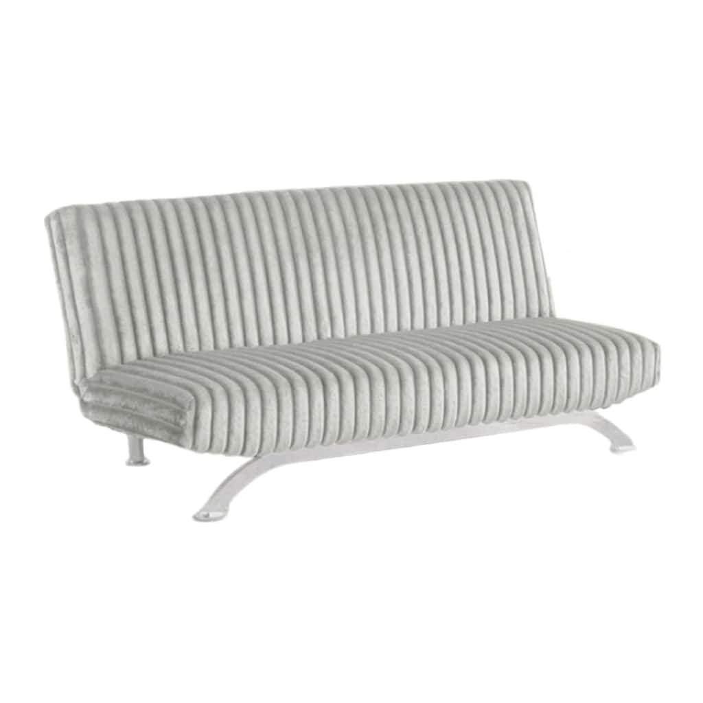 Villy Futon Sofa Bed, Chrome Metal Legs, Gray Channel Tufted Fabric