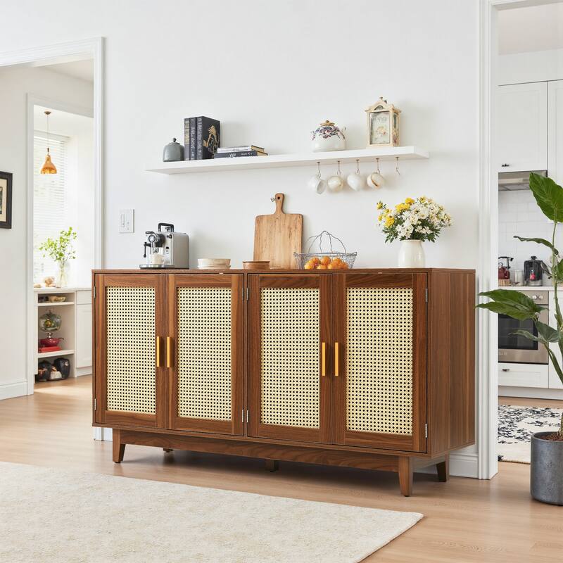 Modern 4 Door Wood Rattan Buffet Sideboard Storage Cabinet