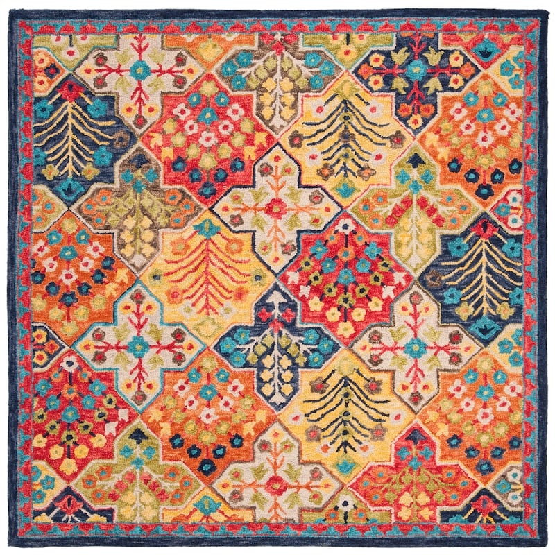 SAFAVIEH Handmade Aspen Reemtdine Boho Tribal Wool Rug - 7' Square - Blue/Orange