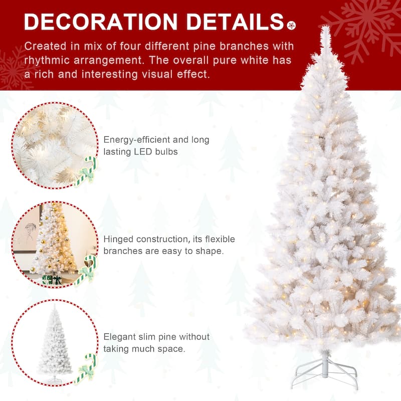 Glitzhome Pre-Lit White Pine Slim Artificial Christmas Tree with Warm ...