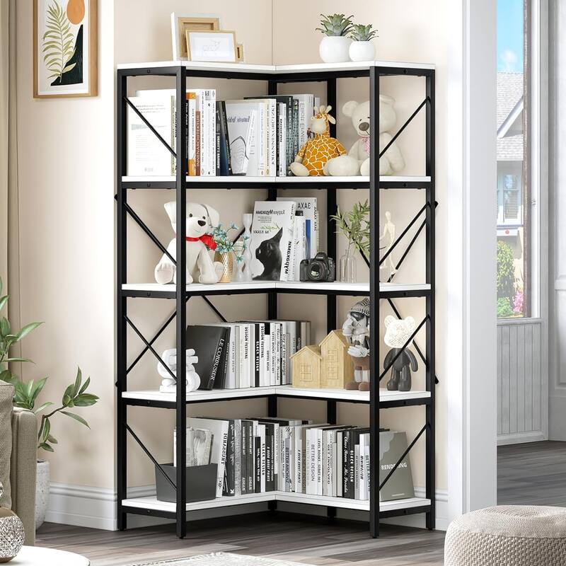 Moasis 65.9-Inch Corner Bookshelf 5-Tier Industrial Display Bookcase