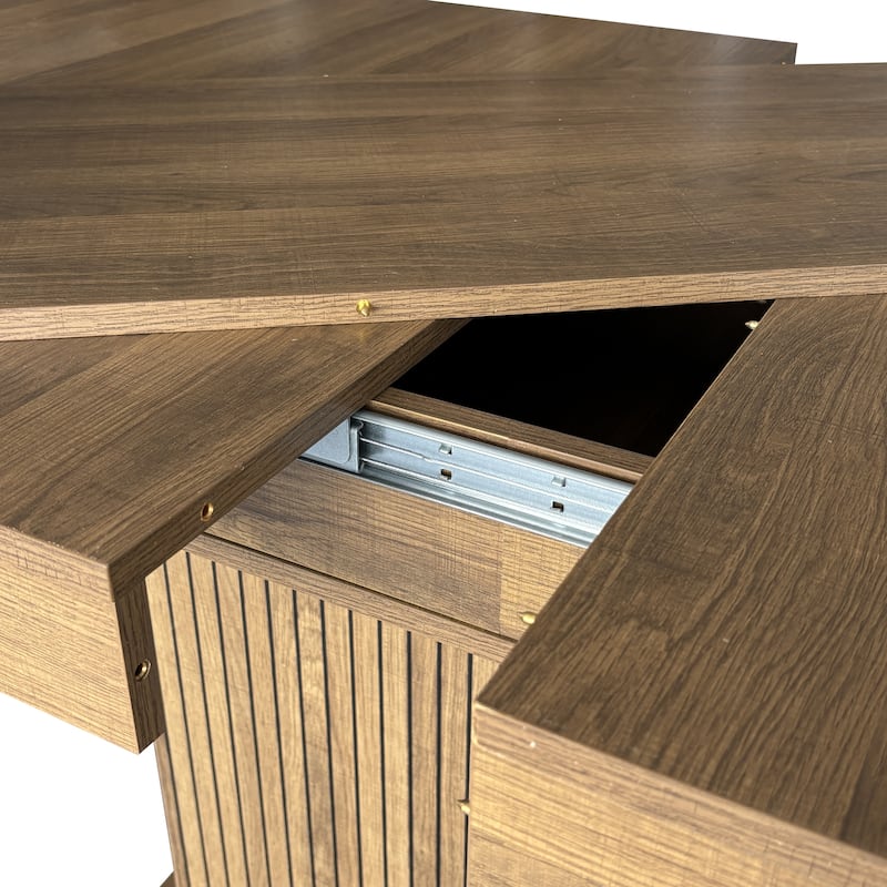 Extendable Cabinet Dining Table with Storage, Wood Kitchen Table with Striped Cabinet, Waterproof Coffee Table