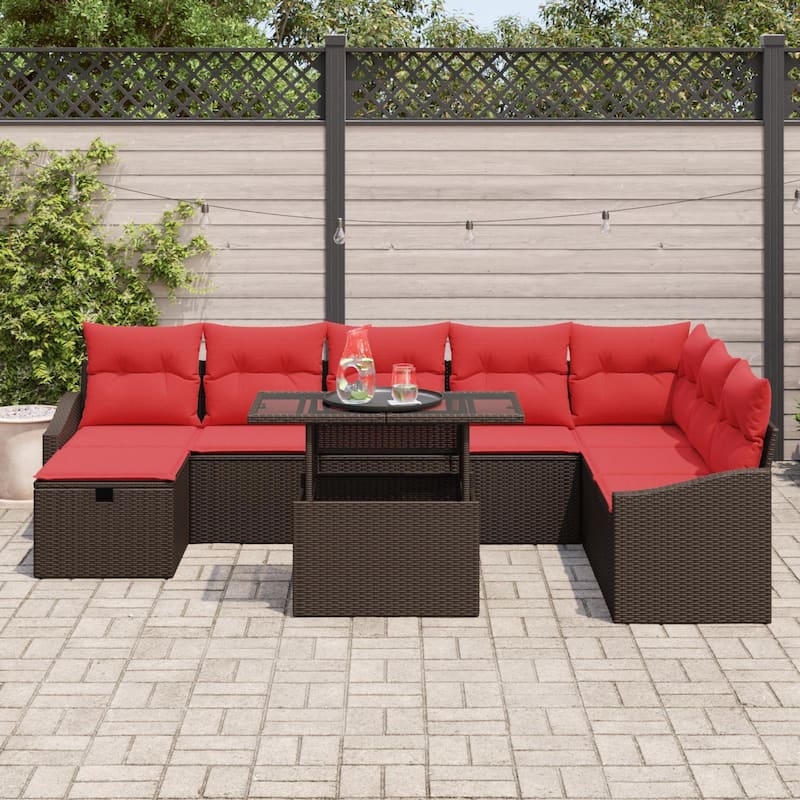 vidaXL 9 Garden Sofa Set with Cushions Black/Brown/Grey Poly Rattan - 113.6 x 70.3 x 27.2