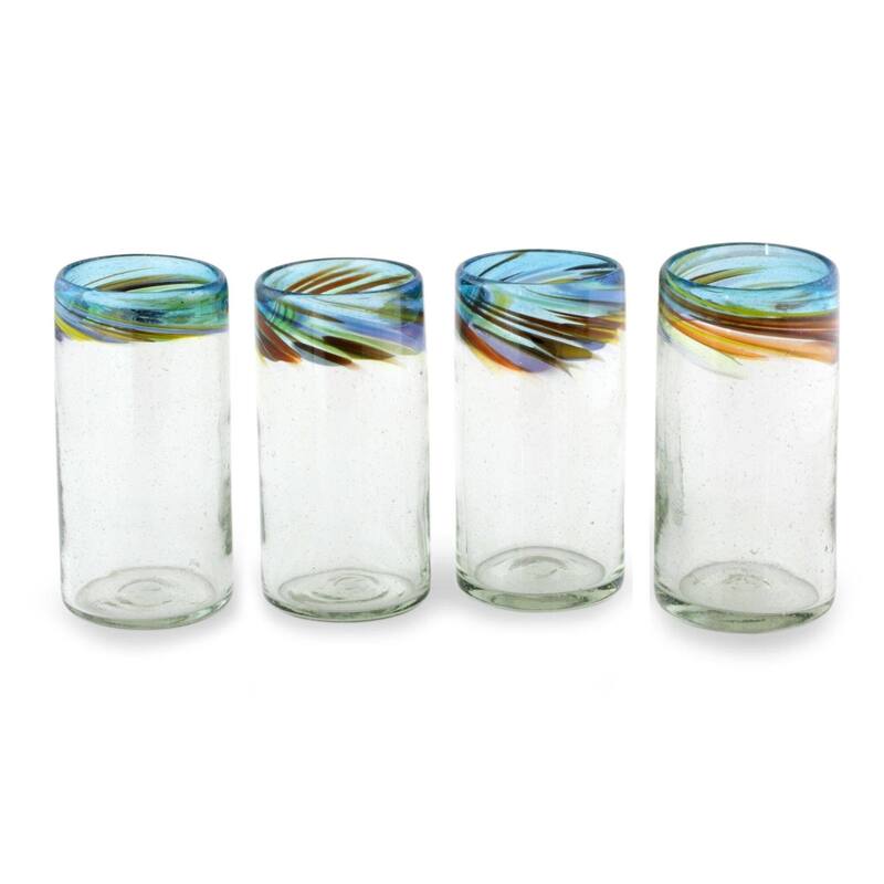 NOVICA Artisan Handblown Recycled Drinkware Clear Blue Guatemala Tableware Tumbler Glasses 'Aurora'(Set of 4) - 5.25*2.8