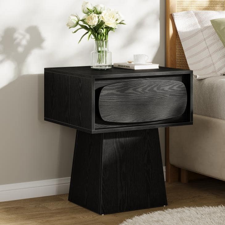 Nightstand Accent Farmhouse Bedside with Oval-Shaped Handle, Easy Assembly Natural - large - Black