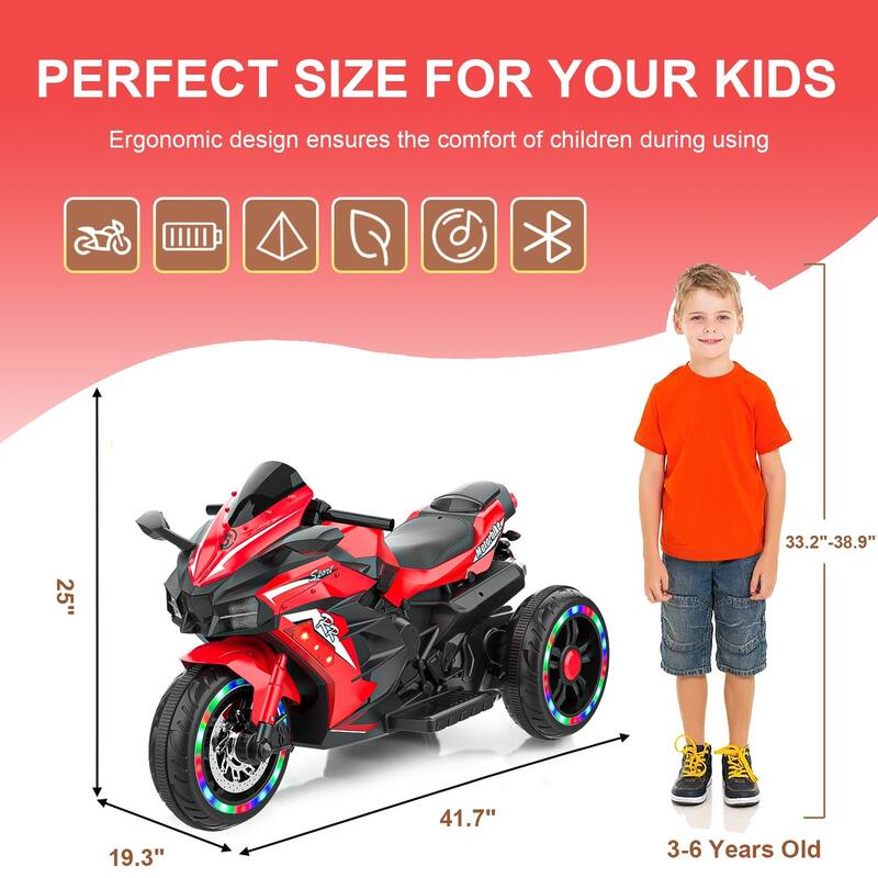 12V Electric Motorcycle for Kids, Three Wheels Battery Powered Ride On Motorbike