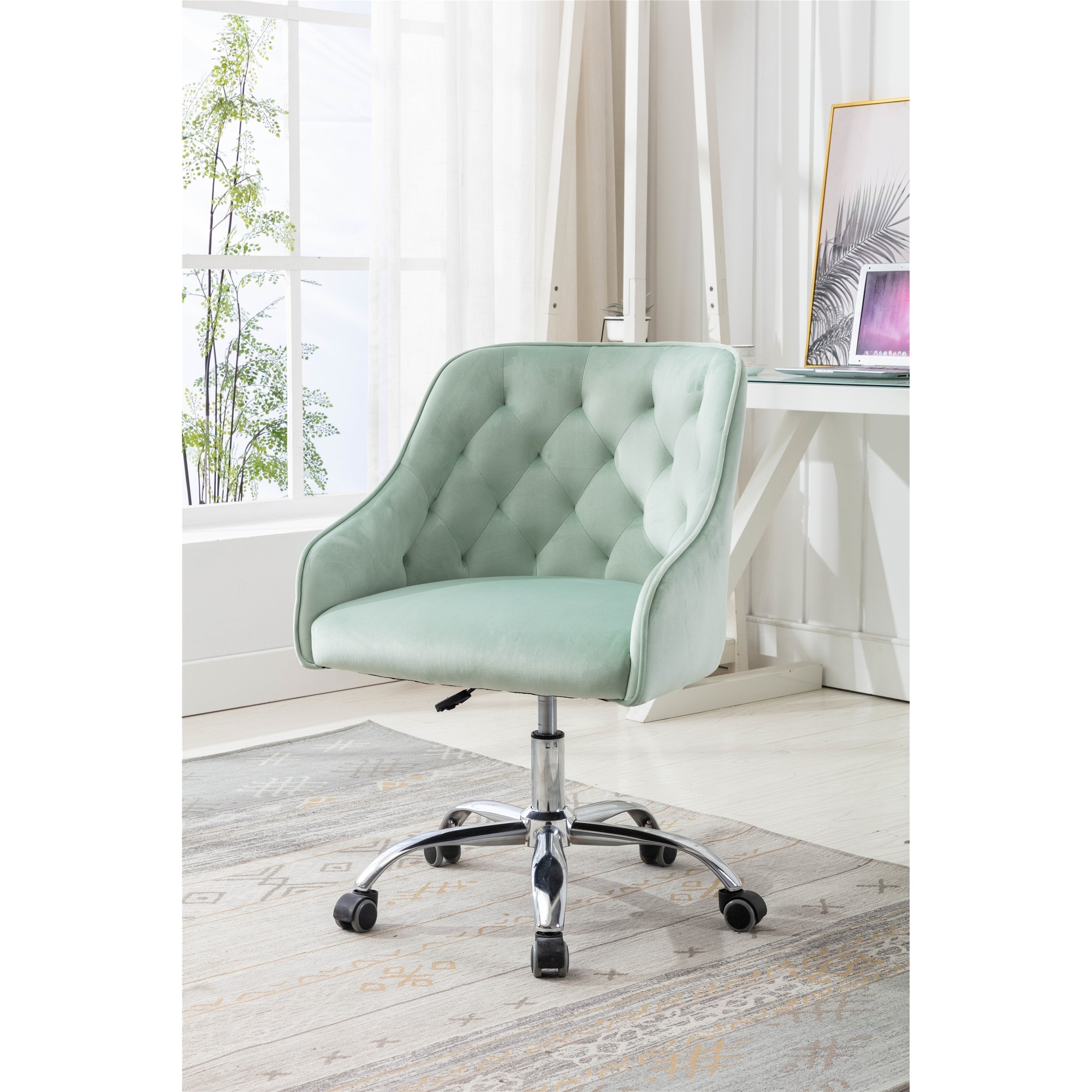 Velvet Upholstered Swivel Tufted Adjustable Height Homeoffice Task Chair With Silver Legs