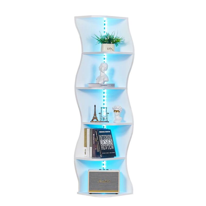 Javlergo 5-Tier Corner Bookshelf with LED Light Strip Seagrass Wave Design Tall Corner Bookcase with Lights for Living Room