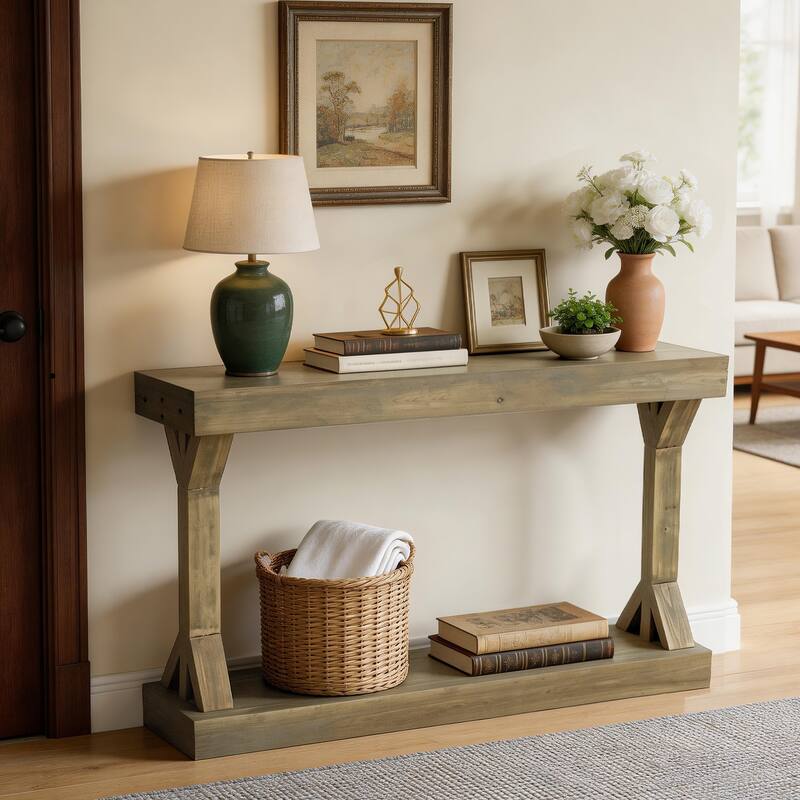 Solid Wood Console Table With Storage Shelf Farmhouse Wooden Entryway Sofa Table Behind Couch