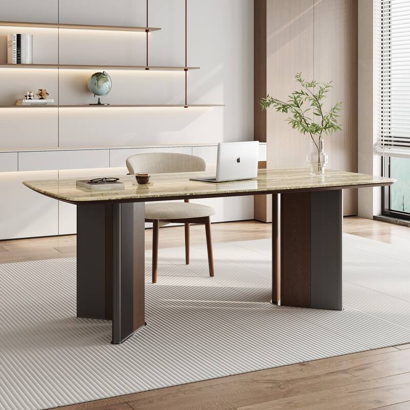 Modern 63" Retangular Wrining Desk, Faux Marble Table Top Desk With Double Legs