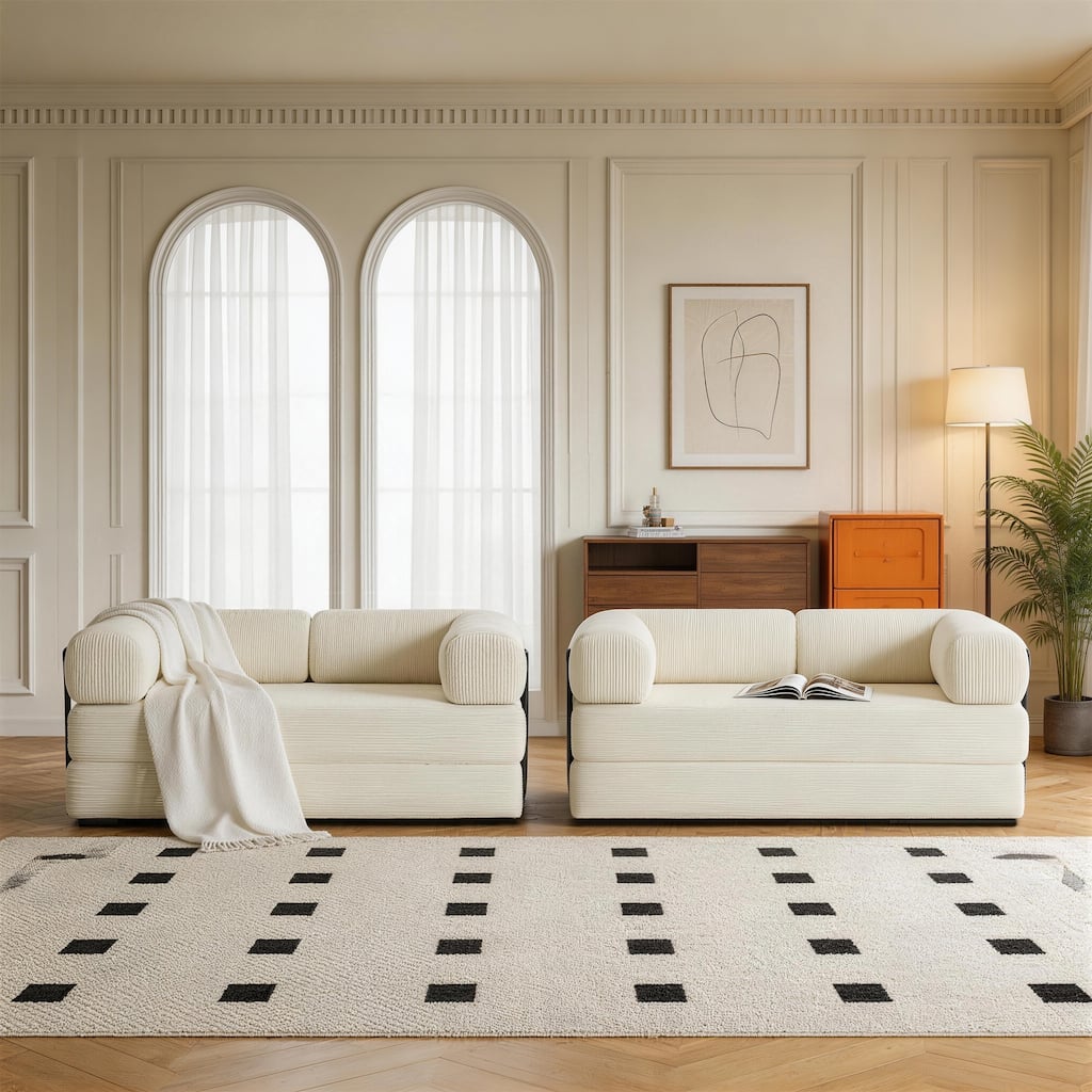 Set of 2 Corduroy Fully Compressed Convertible Sleeper Sofa with Metal Frame