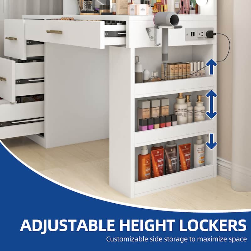 Moasis 40" Makeup Vanity with Mirror and Lighted ,Vanity Table with Power Outlet and 4 Drawers & Storage Shelves