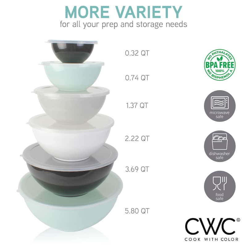 COOK WITH COLOR - 12 Piece Plastic Nesting Bowls - 6 Prep Bowls and 6 Lids, Microwave Safe