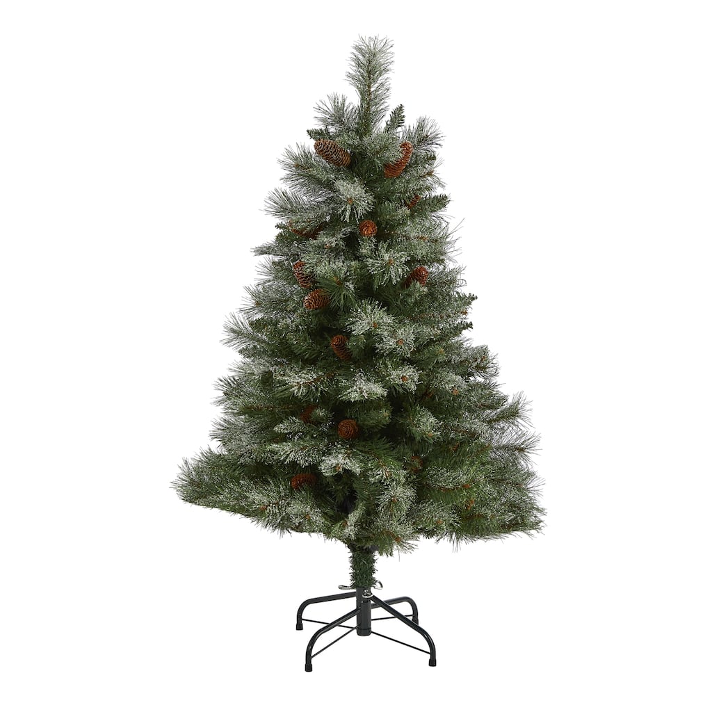 4' Snowed French Alps Mountain Pine Artificial Christmas Tree with 237 Bendable Branches and Pine Cones