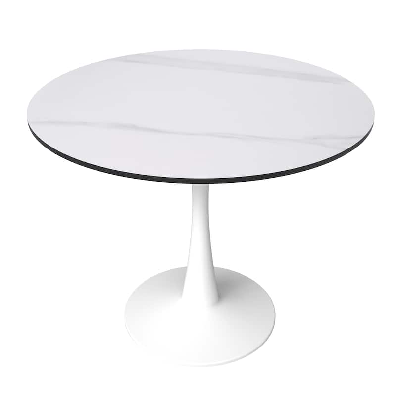 Bristol Round Dining Table for 4, 35" Sintered Stone Tabletop with White Stainless Steel Pedestal Base
