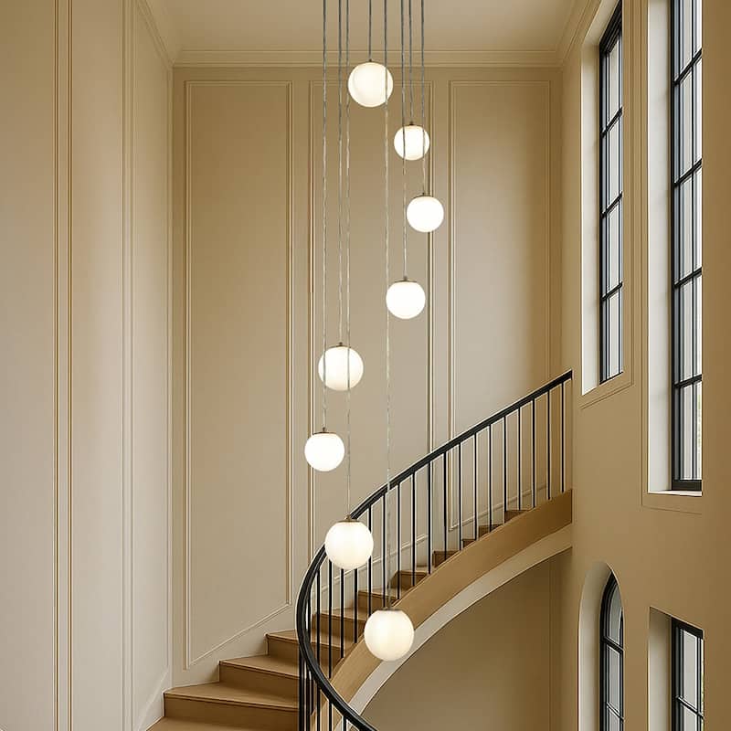 18'' 8-Light Modern White Opal Glass Staircase Chandelier Globe Bubble Glass Pendant In Matte Black For Foyer Entryway - W18''