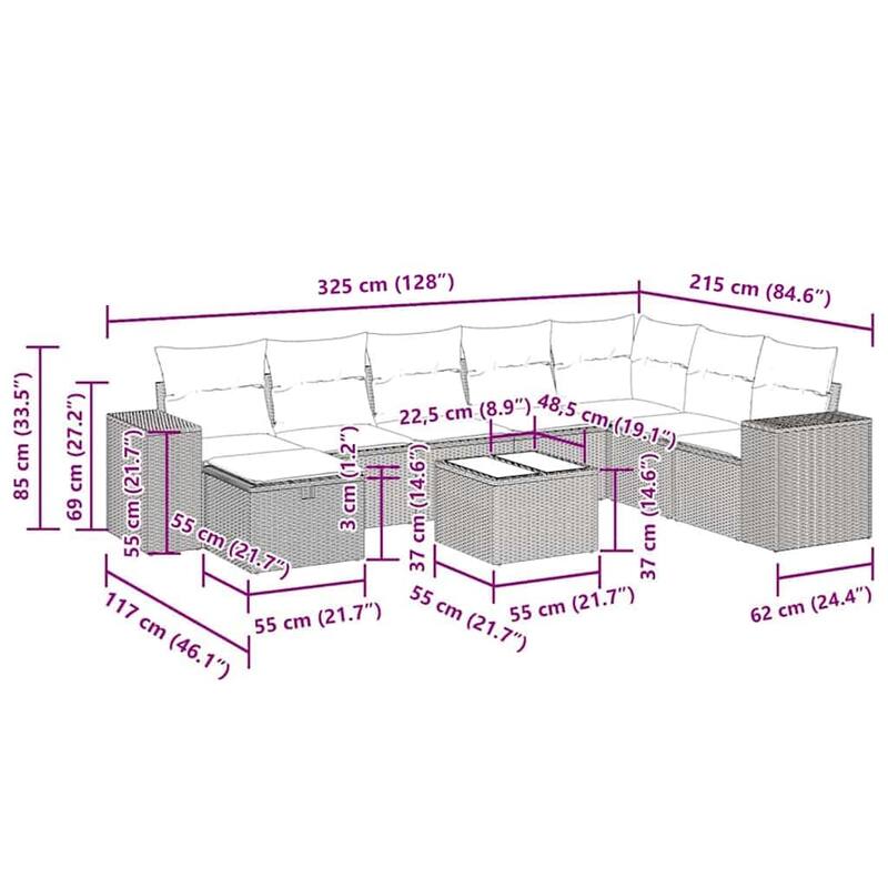 vidaXL 8 Piece Patio Sofa Set with Cushions Black Poly Rattan - 21.7 x 24.4 x 27.2