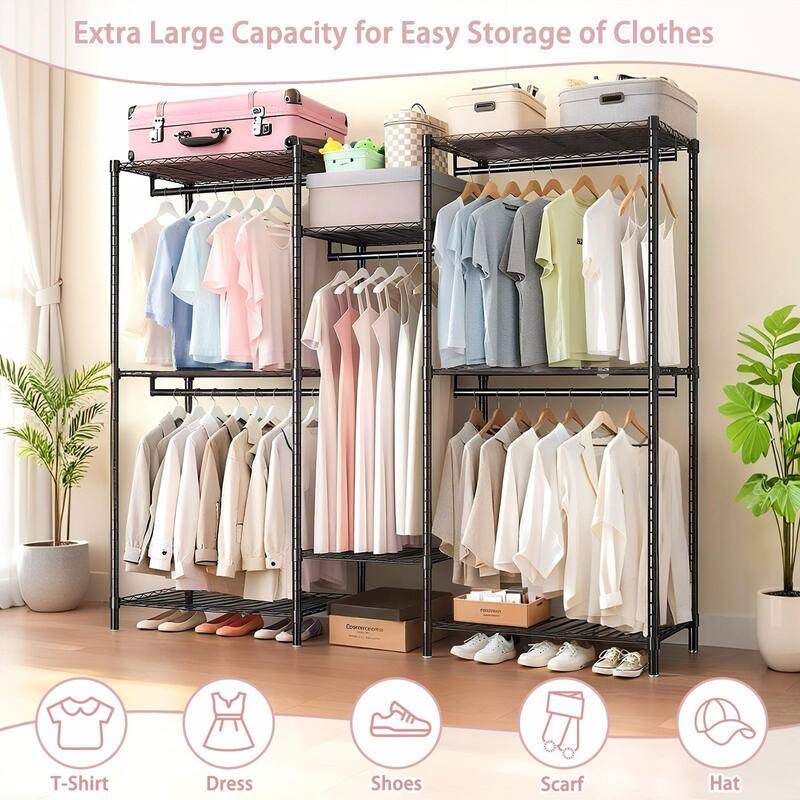 Heavy Duty Garment Rack，Clothes Rack with 8 Adjustable Wire Shelves and 5 Clothes Rails