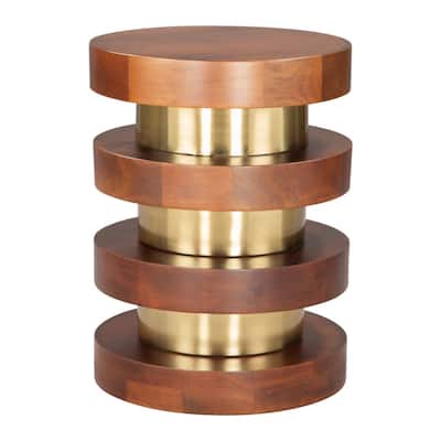 20" Modern Brown and Gold Solid Wood Round Pedestal End Table with Iron Base for Living Room - 20.1”H x 15”W x 15”L