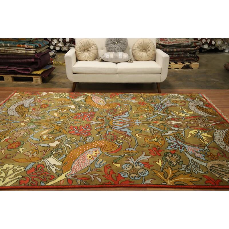 Hand Knotted Oriental 100% Wool Carpet Traditional All-Over Green Ziegler Area Rug - 9' 11'' X 7' 10''