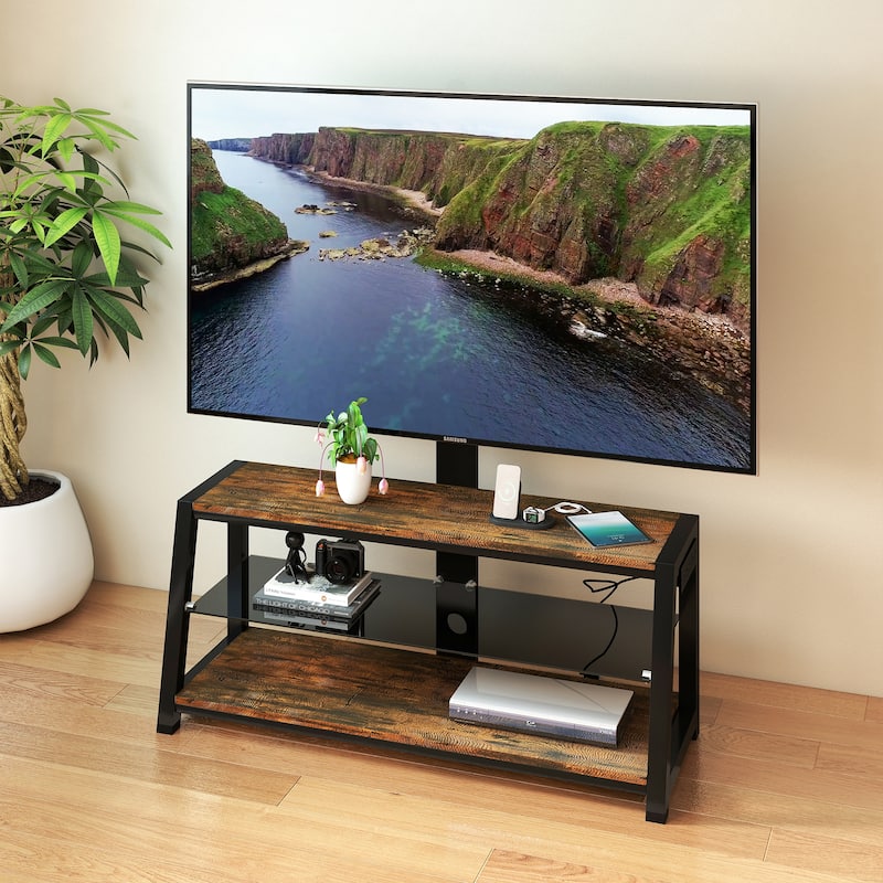 Wooden Storage TV Stand Black Tempered Glass Height Adjustable Universal Swivel Entertainment Center With Mount TV Stand,black