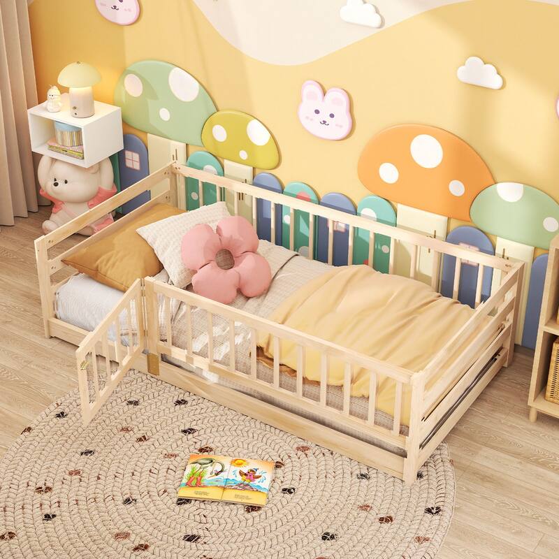 Gymax Twin Size Floor Bed w/High Fence & Door Safety Guardrails Wood