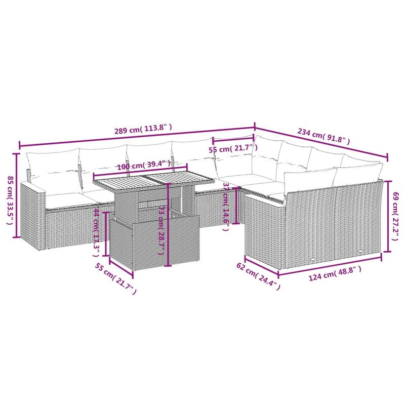 10-Piece Modular Outdoor Sofa Set - 21.7 x 39.4 x 28.7 in