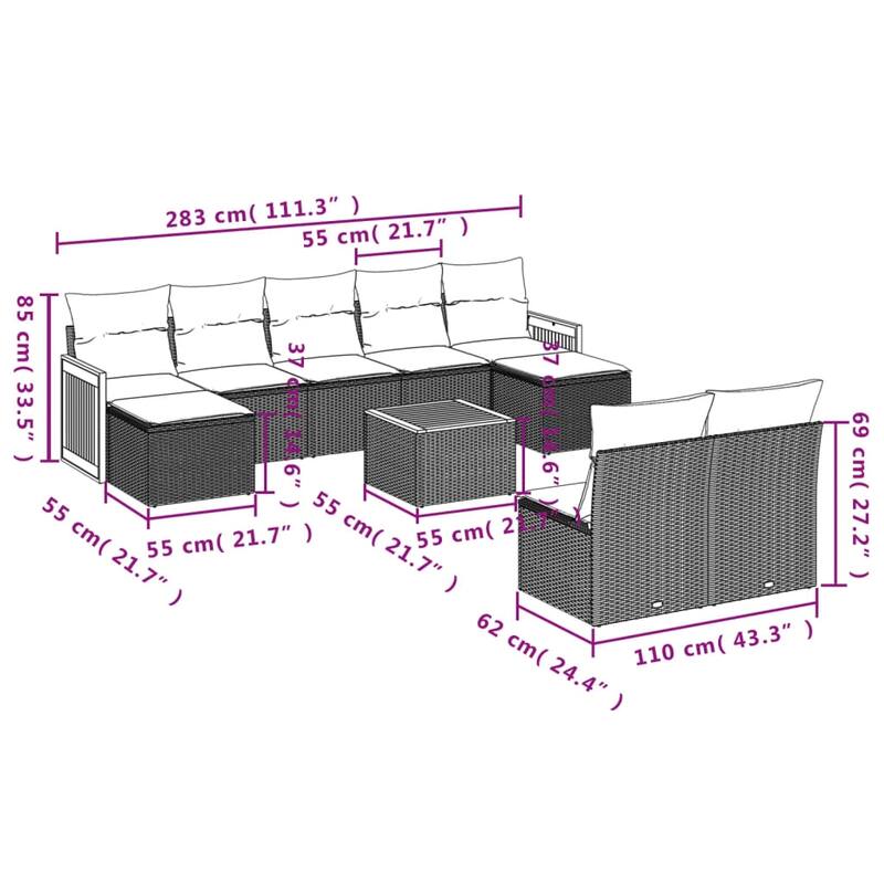 vidaXL 9 Piece Patio Sofa Set with Cushions Black Poly Rattan