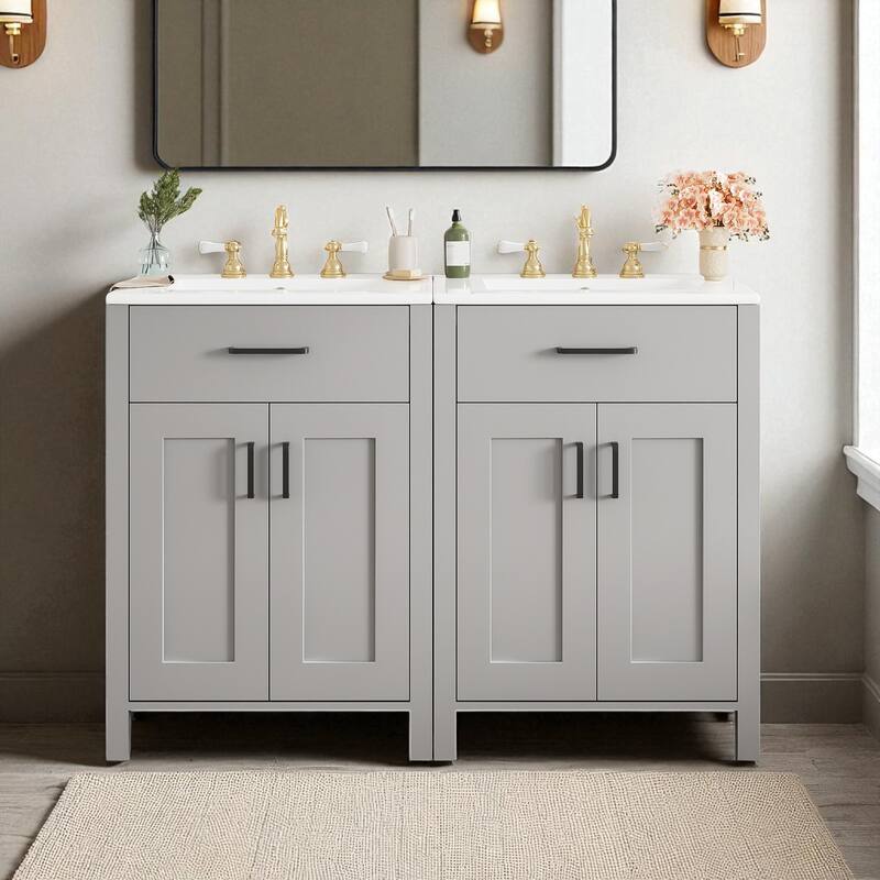 48 Inch Grey Bathroom Vanity with Sink Combo, Solid Wood & MDF Cabinet, 4 Doors, 2 Drawers, Black Handles, Storage Organizer - Grey