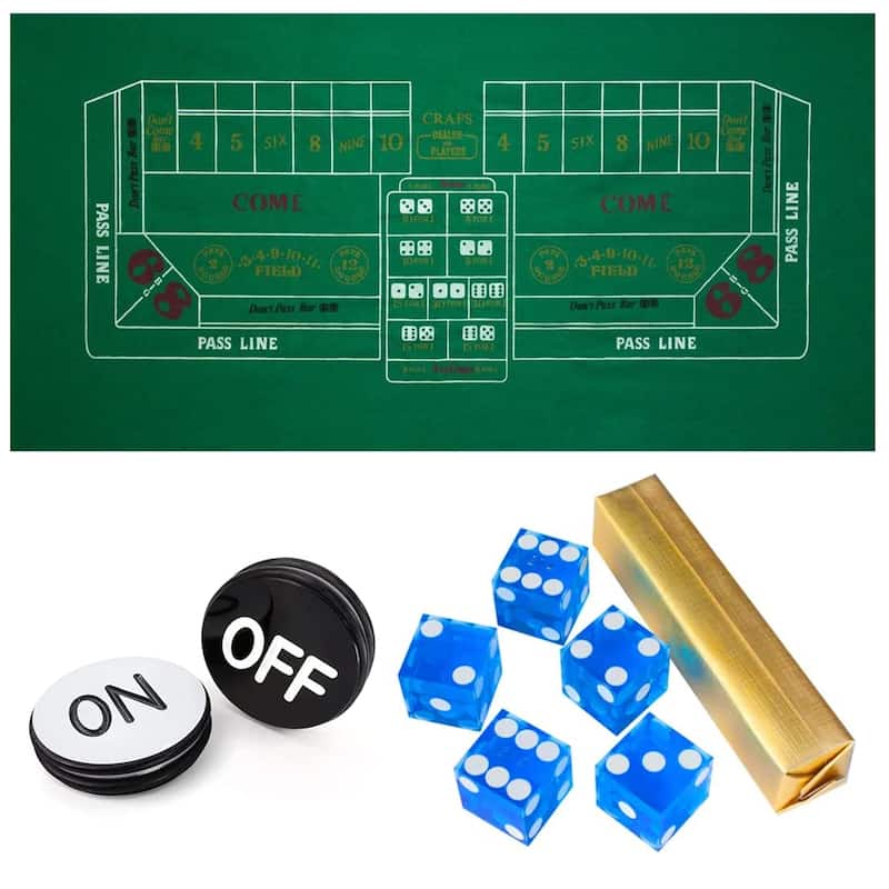 GSE™ Casino Craps Tabletop Game Set with 36"x72" Craps Layout Felt, 5-Piece 19mm Casino Dice, 3" Craps On/Off Puck - Blue