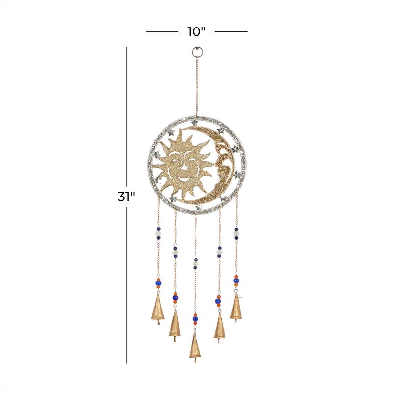 Silver Metal Indoor Outdoor Embellished Moon and Sun Windchime with Glass Beads and Bells - 10 x 1 x 31
