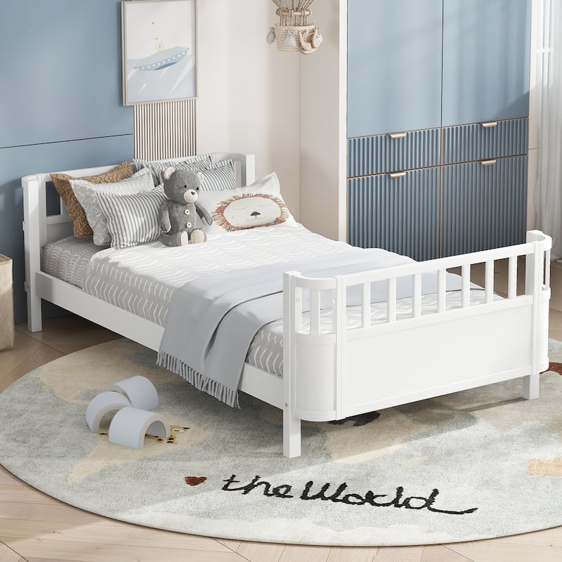 Multi Size Low Platform Bed for Kids with Rounded Corners Guardrails, Detachable Right-side Fence and Open Left-side Design