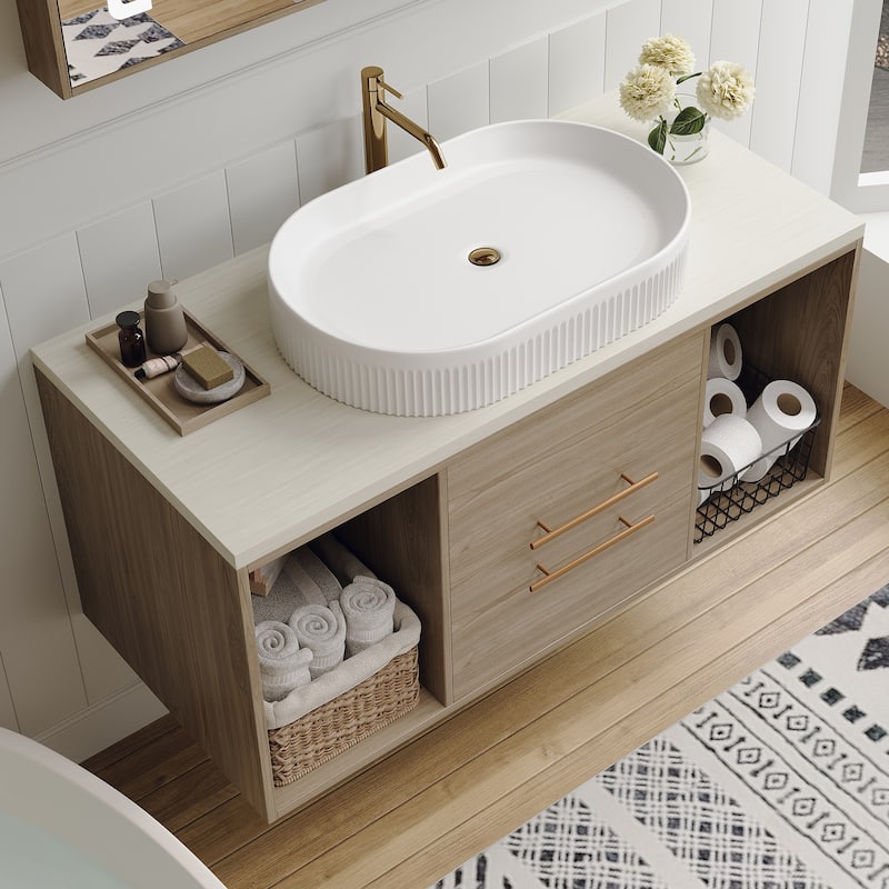 Modern 38.2 Wall-Mounted Bathroom Vanity with Oval Ceramic Sink Floating Vanity Multi-Layer Solid Soft-Close Drawers Open Shelf - White,Wood