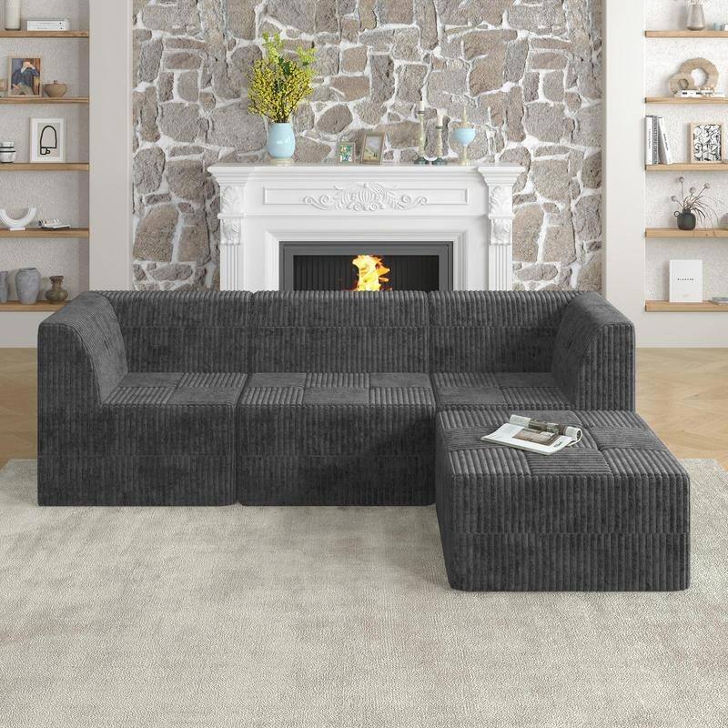 Compact L-Shape Sofa Bed, Modular Space-Saving Corduroy - Grey