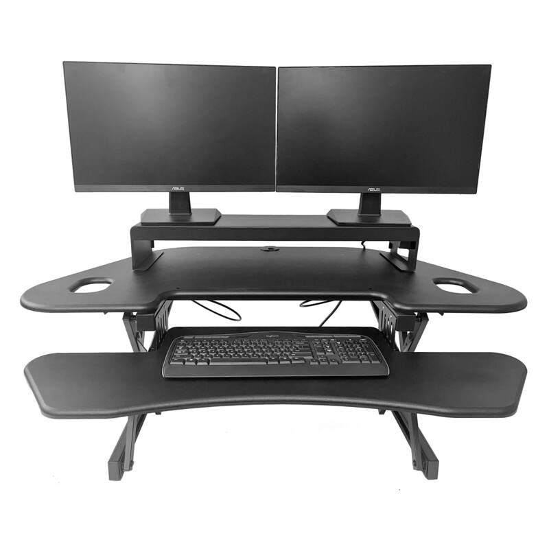 Rocelco 46 in. W Black Height Adjustable Corner Standing Desk Converter with Dual Monitor Stand and Extra Tray Platform
