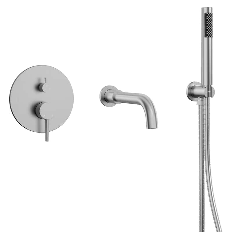 GRANDJOY Wall Mounted Tub Shower Faucet Set with Rotating Bathtub Spout and Handheld Shower - Brushed Nickel
