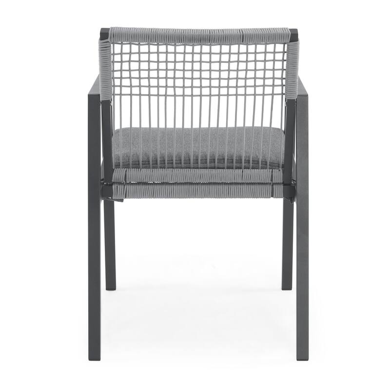 Roomfitters Outdoor Dining Set 7 Piece Aluminum Table Rope Woven Chairs U-Legs, Grey Black