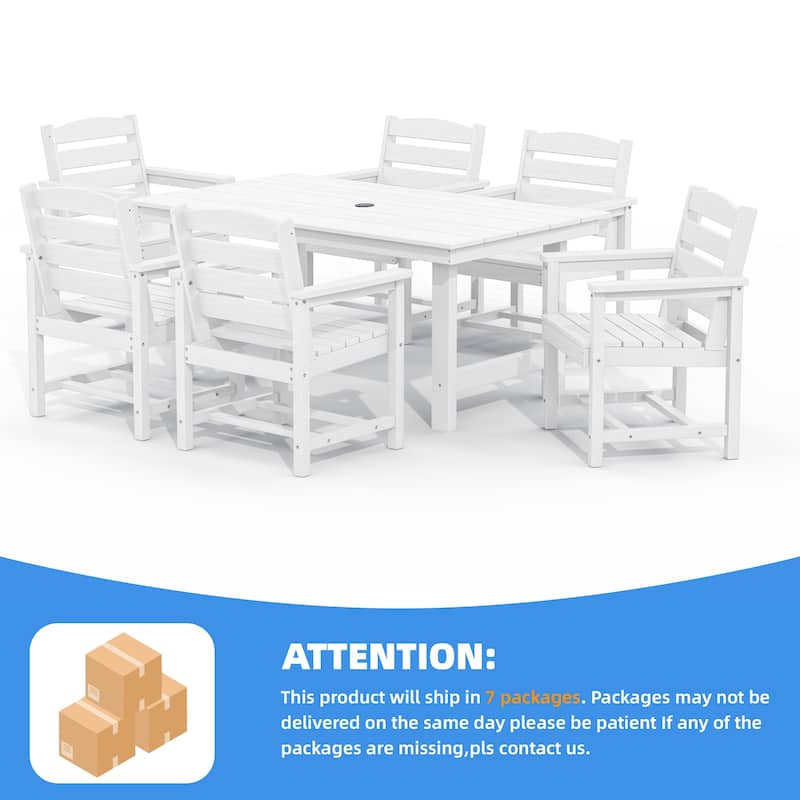 7-Piece HDPE Outdoor Dining Table Sets with Umbrella Hole - 1-Table 6-Chairs