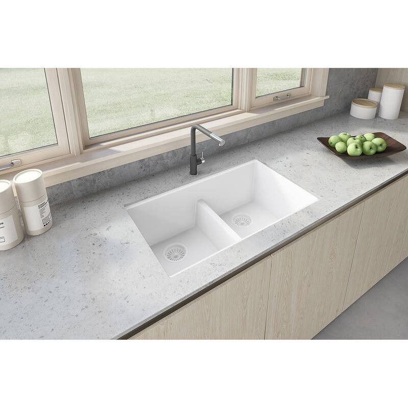 Ruvati 33 x 19 inch Granite Composite Undermount Double Bowl Low Divide Kitchen Sink - Arctic White - RVG2385WH