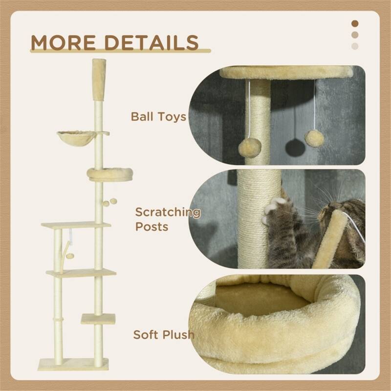 Beige Cat Tree Unique Design with Multiple Platforms and Adjustable Height - 21.25" W x 13.5" D x 90.5" 98.5" H