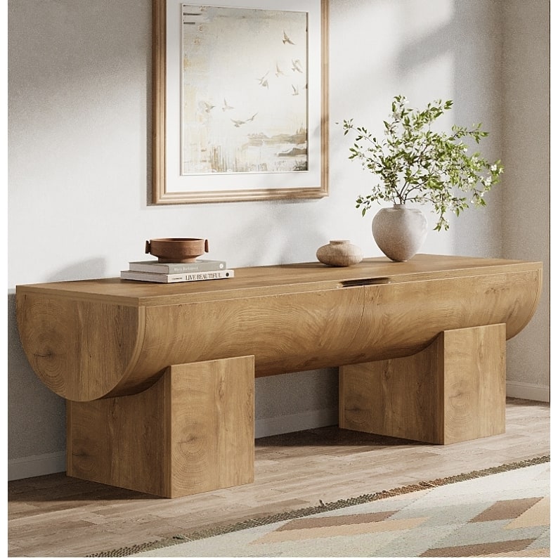 55" Farmhouse Shoe Bench with Flip-Top Storage - Natural