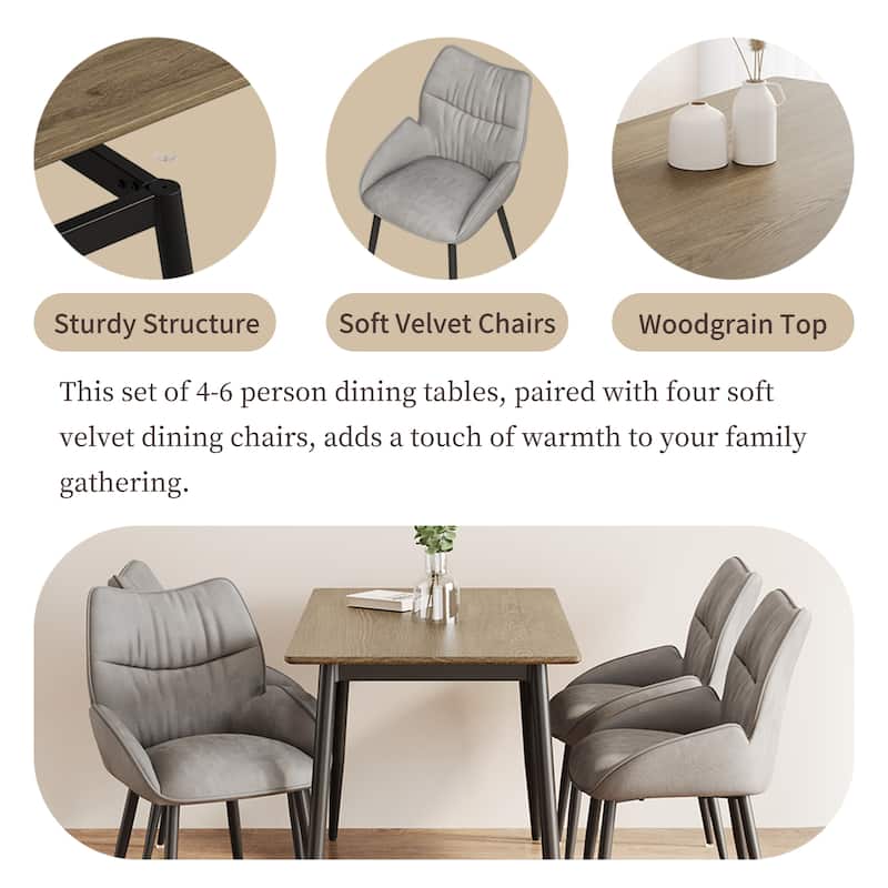 Modern Wood Grain Dining Set with Black Metal Legs, Seats 4-6, 5-Pcs