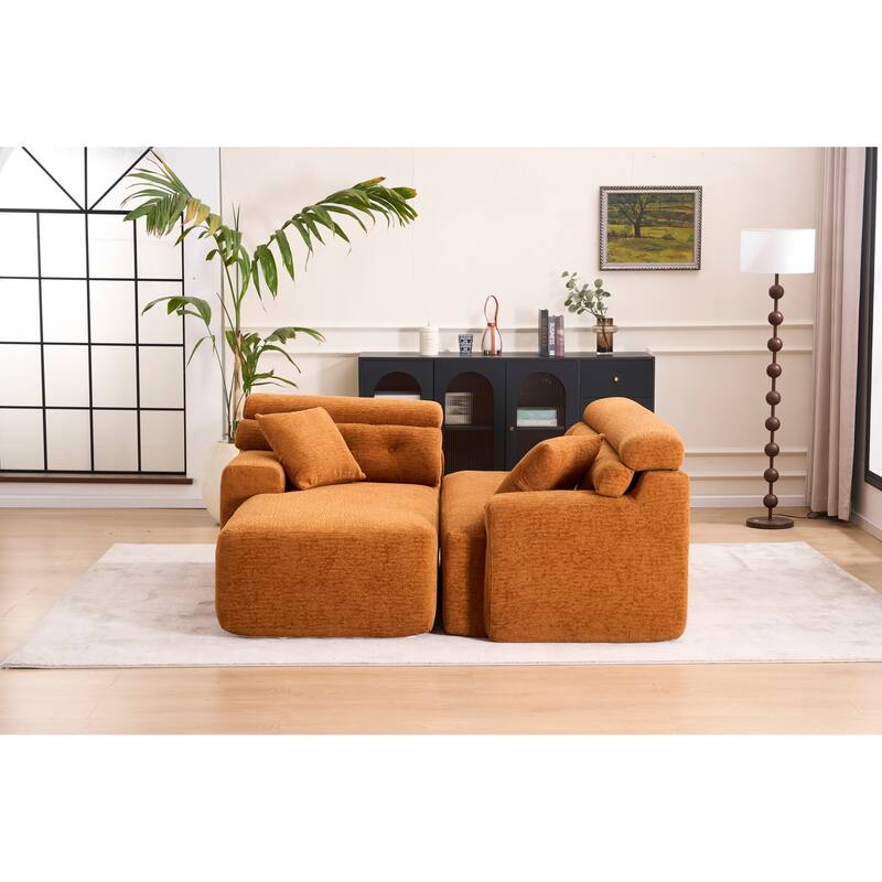 Combining Chaise Longue With 3-Seater, Wood Grain Chenille Fabric, Full Sponge Compression Sofa,Combined Sofa With 2 Pillows