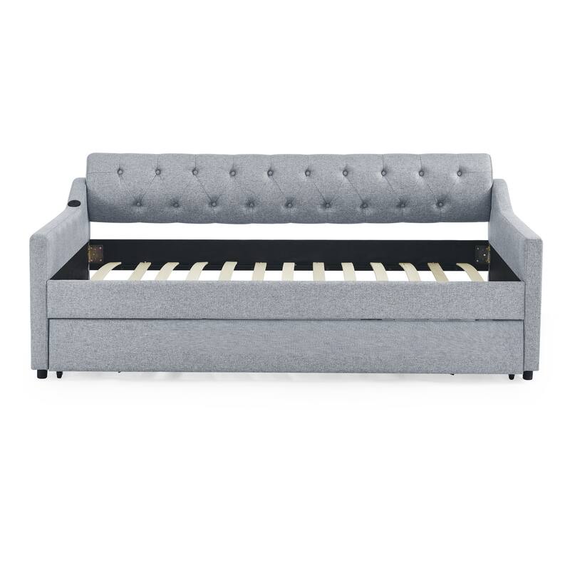 Twin Size Upholstery DayBed with Twin Size Erectable Trundle and USB Charging Design